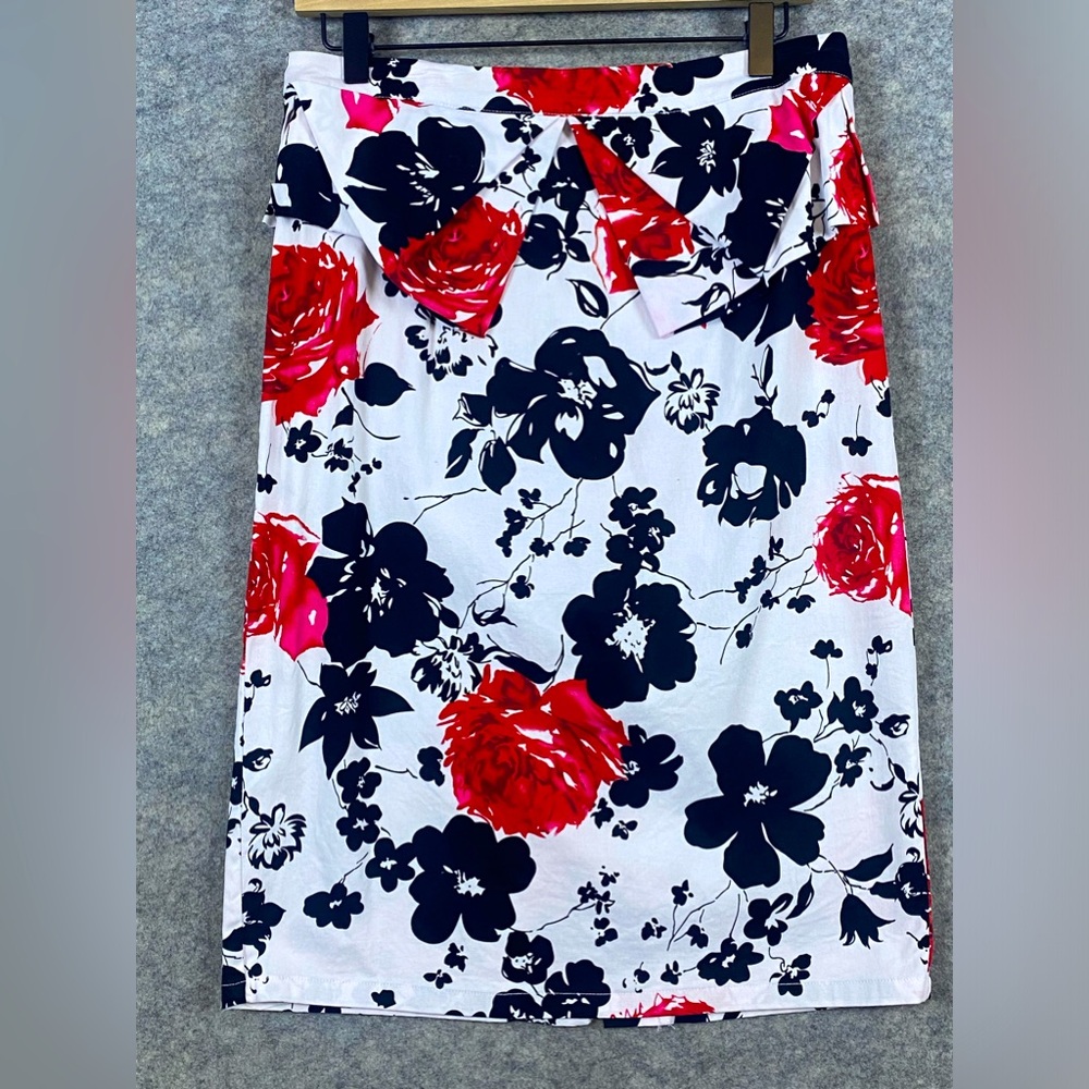 Grace Karin Pencil Skirt Size Large Red Black White Floral Rose Ruffle Detail